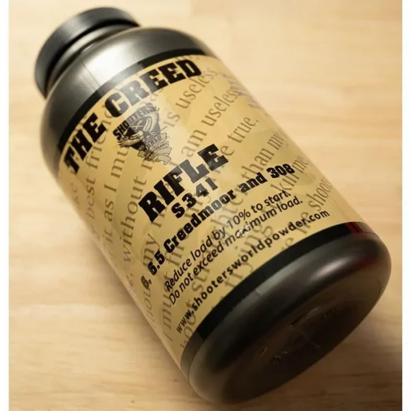 Shooters World The Creed 308 Rifle Powder, black 1 lb bottle with tan label, angled view