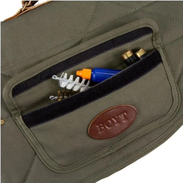 Boyt Signature Series Waxed Canvas Takedown Case, khaki close-up with zippered accessory pocket