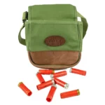 Boyt Signature Series shell pouch, front view in OD green canvas with brown leather base and logo patch