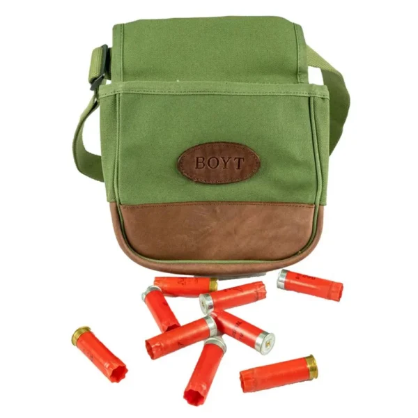 Boyt Signature Series shell pouch, front view in OD green canvas with brown leather base and logo patch