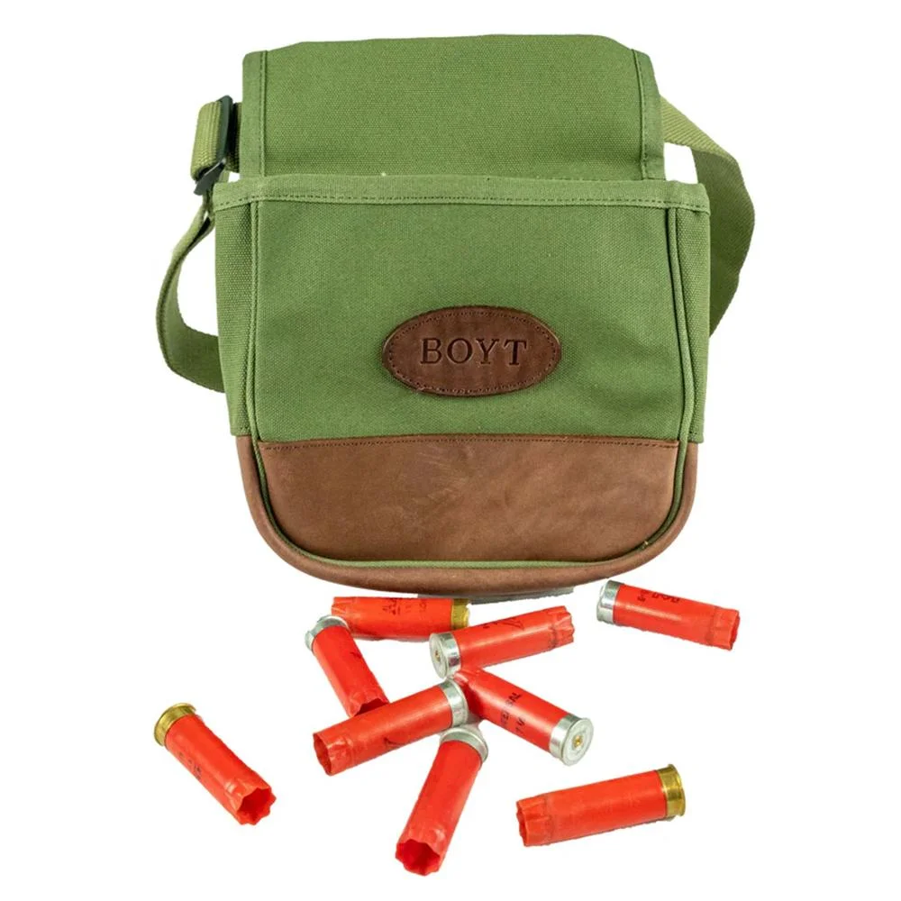 primary-40295 Boyt Signature Series shell pouch, front view in OD green canvas with brown leather base and logo patch
