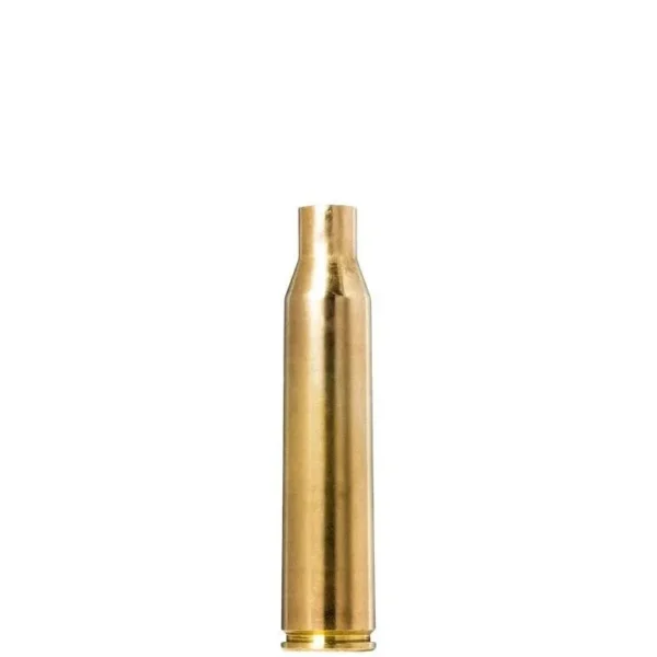 Norma Premium Reloading Brass, single polished brass rifle case standing upright