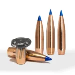 Norma Bondstrike Bullet, copper-coloured blue-tip bullets with one visibly expanded bullet