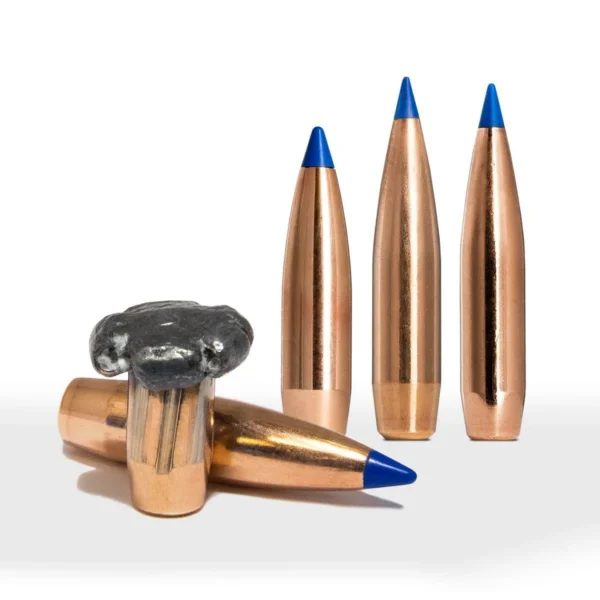 Norma 6.5mm Bondstrike bullet, copper bullets with blue polymer tips, upright and expanded views