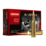 Norma Golden Target Match Rifle Ammunition, red box with three brass cartridges