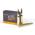 PMC X-TAC MATCH Rifle Ammunition, black and orange box with three brass cartridges