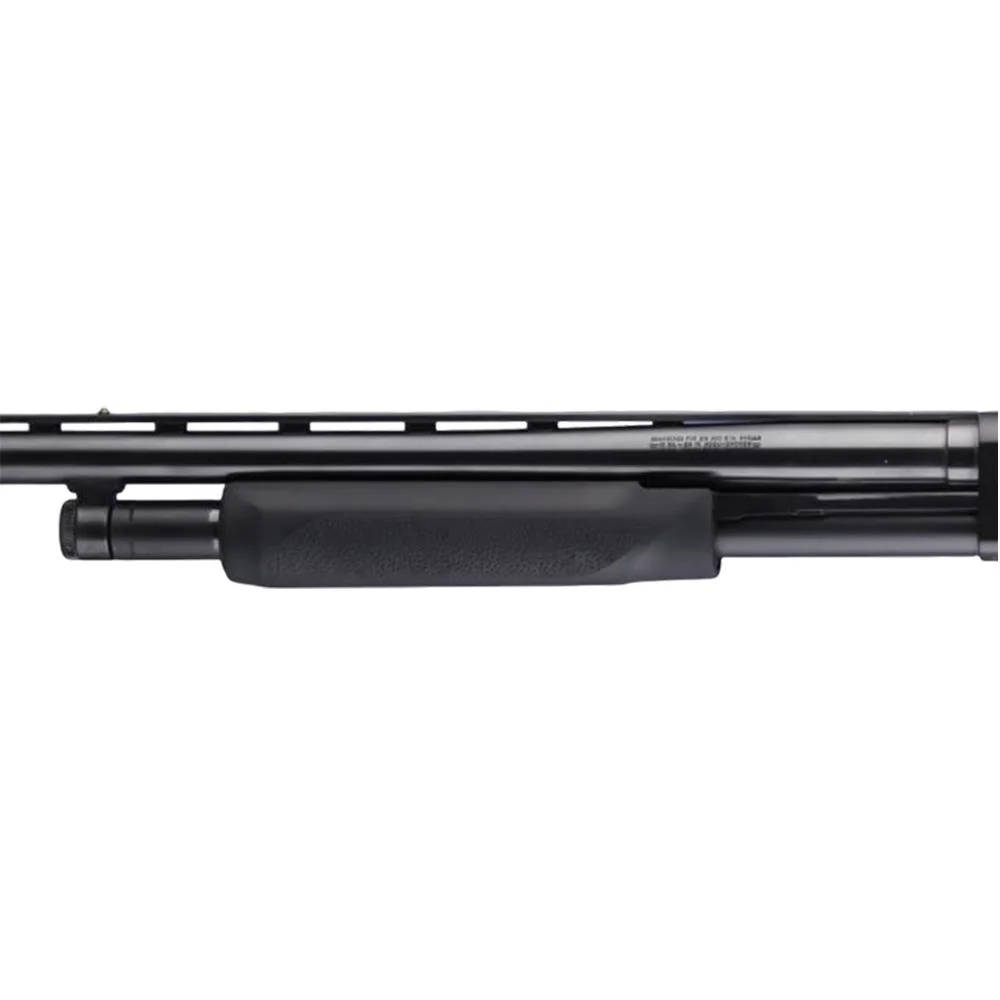 primary-40362 Hogue Shotgun Stocks Mossberg 500 Forend, black, mounted beneath a shotgun barrel