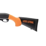 Hogue Overmolded Shotgun Stock for Remington 870, right side in orange and black with LESS LETHAL text