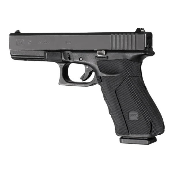 Hogue Wrapter Adhesive Grip for Glock, black block-textured grip installed in side view