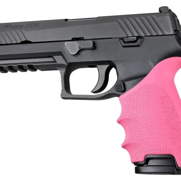 Hogue HandAll Beavertail Grip Sleeve Sig Sauer P320 Pink, right-side view fitted to black pistol