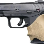 Hogue HandAll Beavertail Grip Sleeve, tan sleeve fitted to a black compact handgun