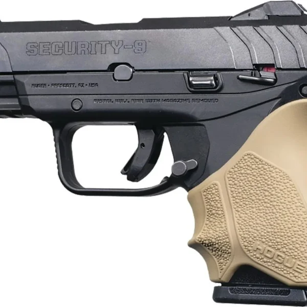 Hogue HandAll Beavertail Grip Sleeve, tan sleeve fitted to a black compact handgun