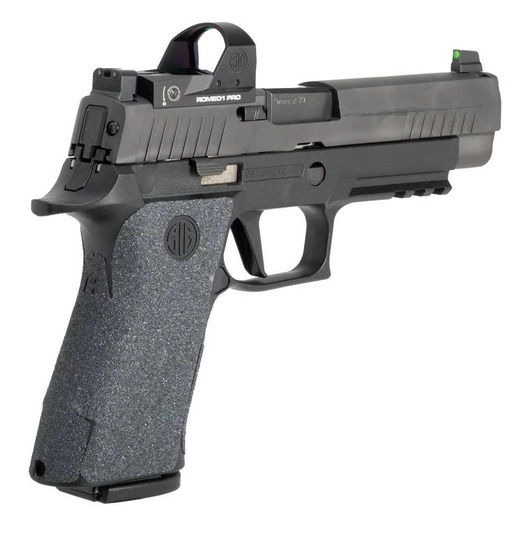 primary-40384 Hogue Inc. Wrapter Grit Adhesive Grip for Sig Sauer P320 Full Size Black shown installed, right side view