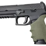 Hogue HandAll Beavertail Grip Sleeve Sig Sauer P320, OD green, installed on black pistol, left side