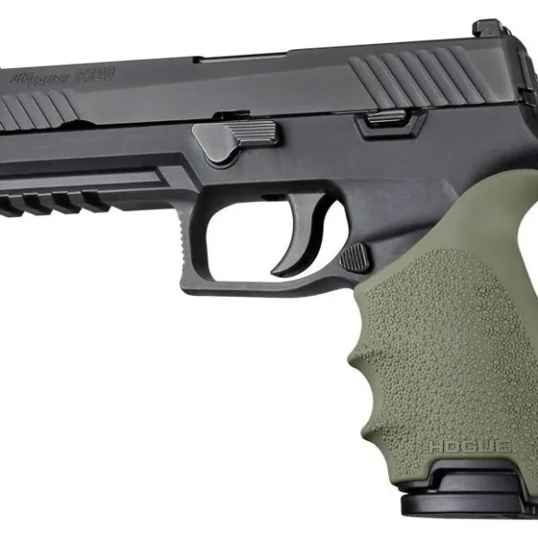 Hogue HandAll Beavertail Grip Sleeve Sig Sauer P320, OD green, installed on black pistol, left side