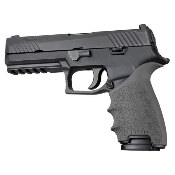 Hogue HandAll Beavertail Grip Sleeve for Sig Sauer P320, grey sleeve fitted on black handgun