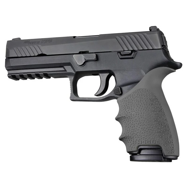 primary-40390 Hogue HandAll Beavertail Grip Sleeve for Sig Sauer P320, grey sleeve fitted on black handgun
