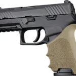 Hogue Inc. HandAll Beavertail Grip Sleeve, flat dark earth sleeve fitted to a black handgun
