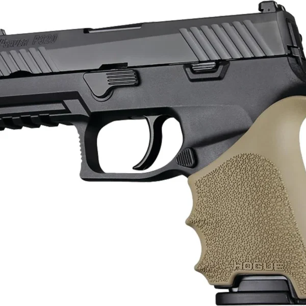 Hogue Inc. HandAll Beavertail Grip Sleeve, flat dark earth sleeve fitted to a black handgun