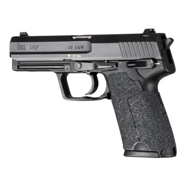 Hogue Wrapter H&K USP adhesive grip, black heavy grit texture shown installed in side view