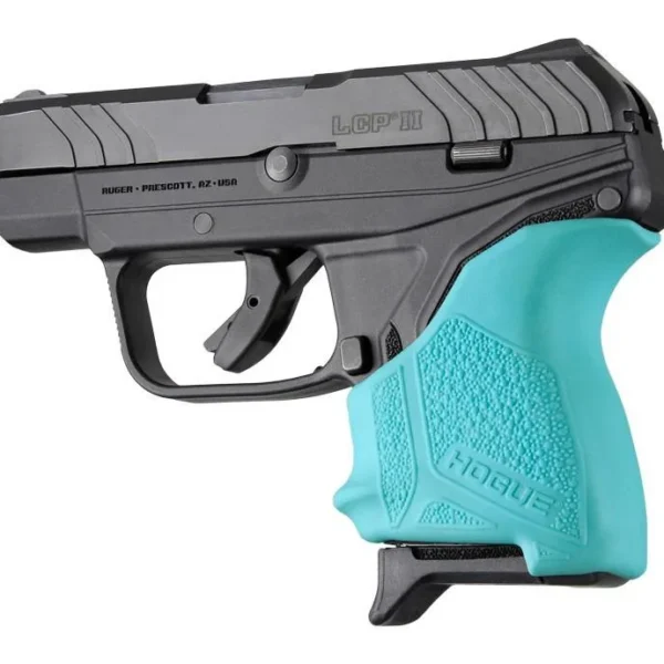 Hogue HandAll Beavertail Grip Sleeve Ruger LCP II-Aqua fitted to a black handgun, right-side view