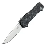Hogue Compound OTF Automatic Knife, open angled view with silver blade and black patterned handle
