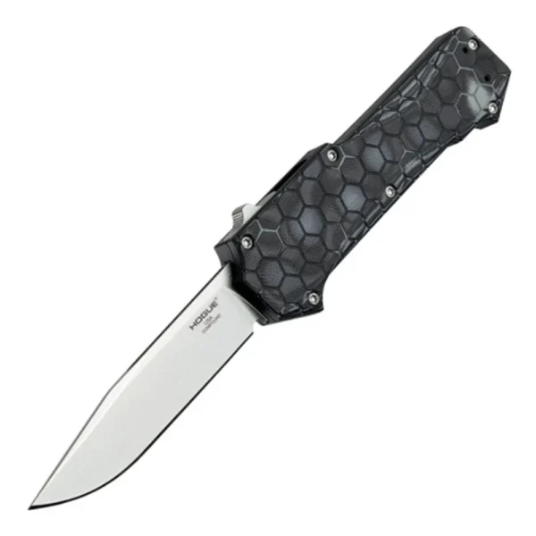Hogue Compound OTF Automatic Knife, open angled view with silver blade and black patterned handle