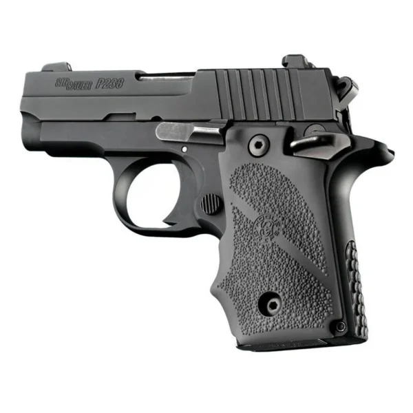Hogue Overmolded Rubber Grip, slate grey textured grip with finger grooves mounted on handgun