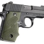Hogue SIG Sauer P238 OD green rubber grip with finger grooves, shown on handgun from left side