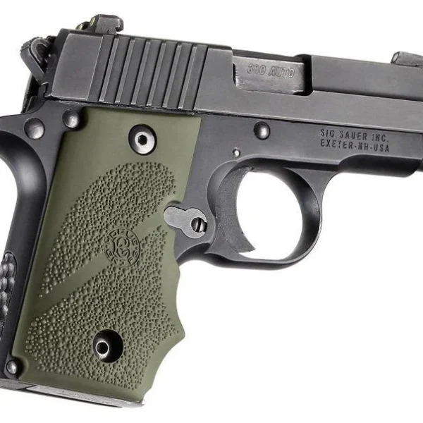 Hogue SIG Sauer P238 OD green rubber grip with finger grooves, shown on handgun from left side