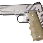 Hogue 1911 Govt. Model flat dark earth finger-groove grip on a silver pistol, left-side view