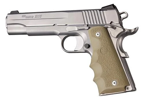 Hogue 1911 Govt. Model flat dark earth finger-groove grip on a silver pistol, left-side view