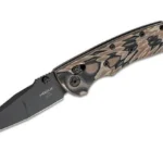 Hogue Deka ABLE Lock Folder, open knife with black blade and dark earth patterned handle