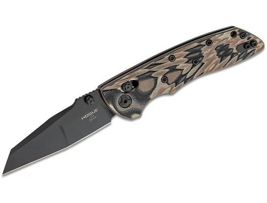 Hogue Deka ABLE Lock Folder, open knife with black blade and dark earth patterned handle