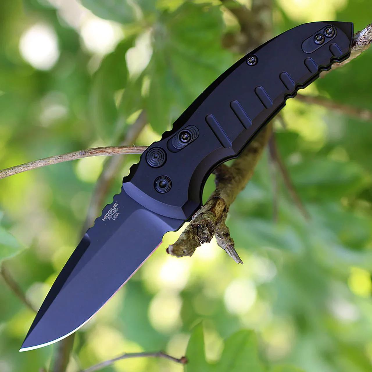 primary-40420 Hogue A01-Microswitch automatic folder knife, open with black handle and drop-point blade