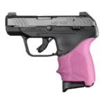 Hogue HandAll Beavertail Grip Sleeve Ruger LCP Max Pink, left-side view fitted to black handgun