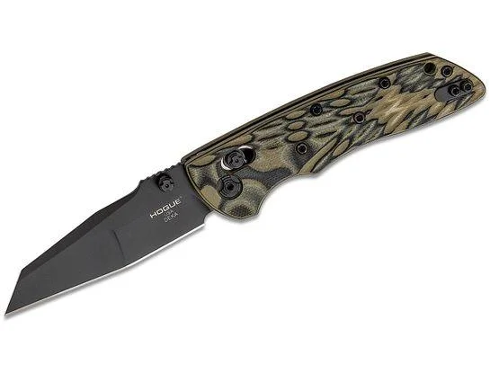 Hogue Deka ABLE Lock Folding Knife, open side view with black blade and green patterned handle