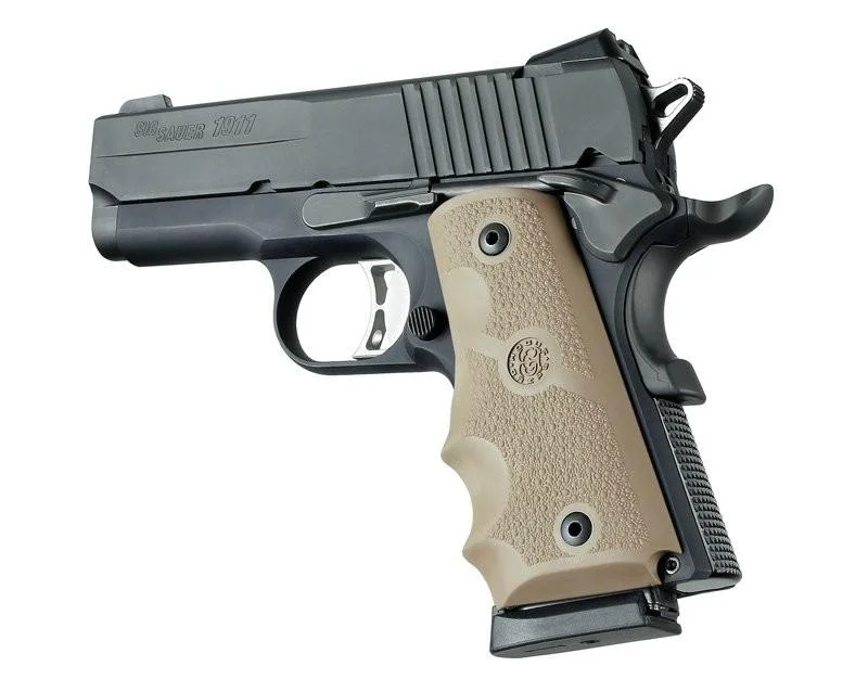 primary-40444 Hogue Rubber Officer's Flat Dark Earth W/FG, tan finger-groove grips mounted on black pistol
