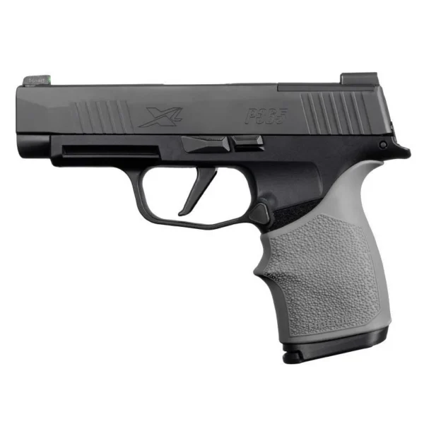 Hogue HandAll Beavertail Grip Sleeve for Sig Sauer P365XL Slate Grey, fitted on black handgun