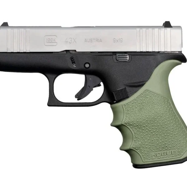Hogue HandAll Beavertail Grip Sleeve Glock 43X 48, OD green sleeve on handgun in left-side view