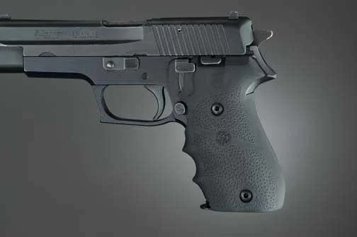 Hogue SIG Sauer P220 American Rubber Grips, black finger-groove grip installed on handgun