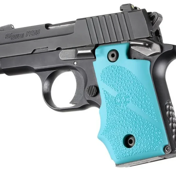 Hogue Rubber Grip with Finger Grooves for SIG Sauer P238, aqua grip shown on pistol