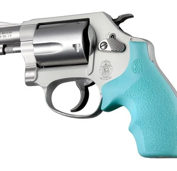 Hogue Rubber Bantam Style Grip in aqua, mounted on a silver revolver in left-side view