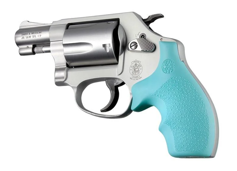 primary-40460 Hogue Rubber Bantam Style Grip in aqua, mounted on a silver revolver in left-side view