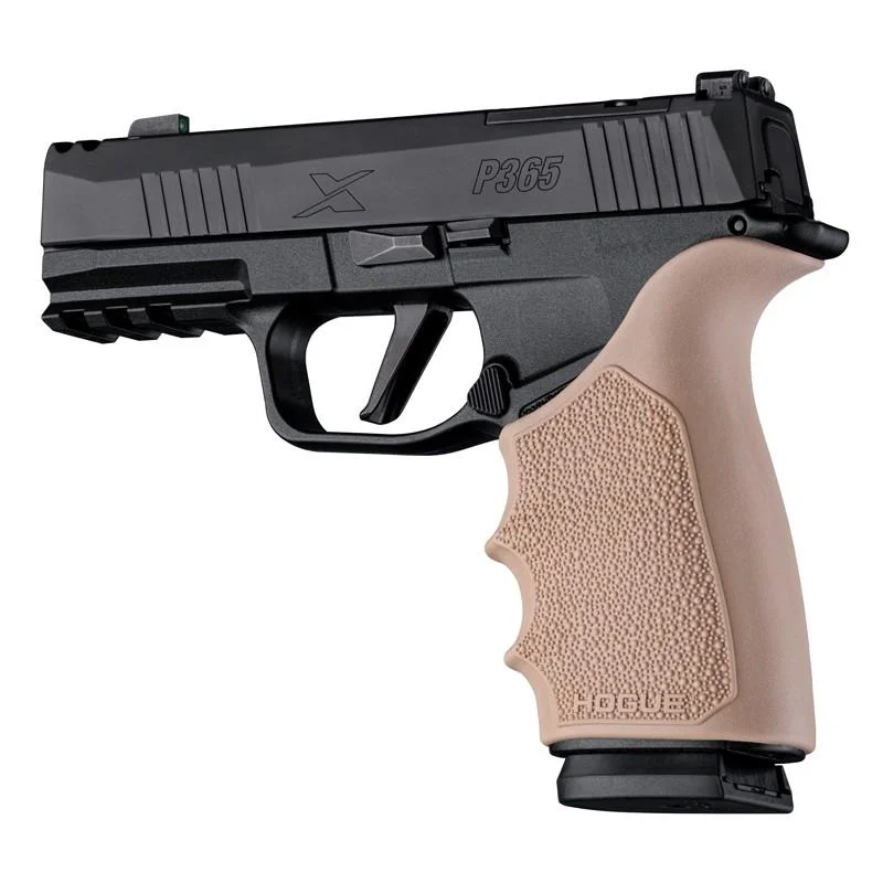 primary-40461 Hogue HandAll Beavertail Grip Sleeve for Sig P365 XMacro FDE, tan sleeve on black handgun