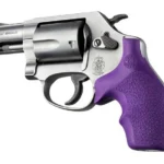 Hogue Bantam Style Grip, purple rubber grip shown fitted to a stainless S&W J-frame revolver
