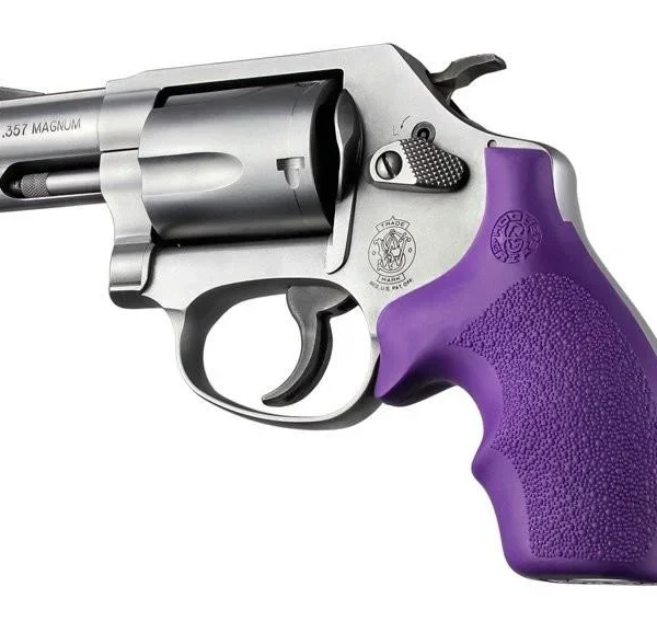 Hogue Bantam Style Grip, purple rubber grip shown fitted to a stainless S&W J-frame revolver