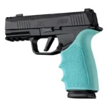 Hogue HandAll Beavertail Grip Sleeve for Sig Sauer P365 XMacro, aqua grip on black handgun
