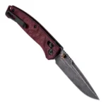 Hogue Mysto Folder knife, open angled view with red patterned handle and dark drop-point blade