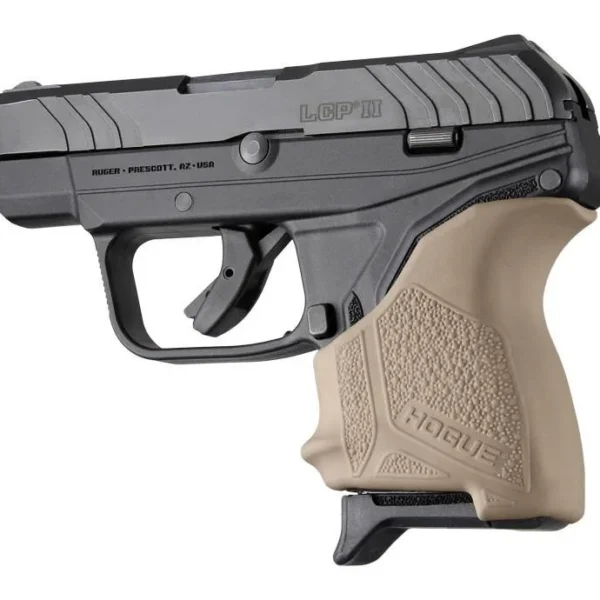 Hogue HandAll Beavertail Grip Sleeve Ruger LCP II Flat Dark Earth on black pistol, right-side view